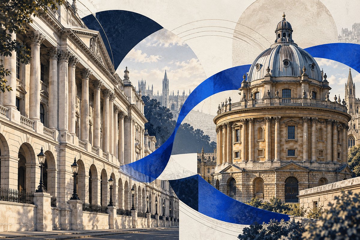 Editorial collage of London and Oxford architecture joined by a cobalt ribbon.
