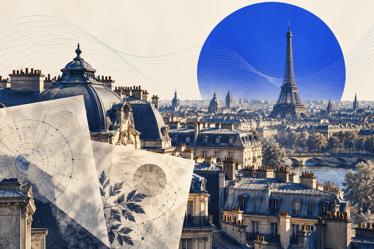 Editorial collage of the Paris skyline and layered archival papers in ivory and cobalt.