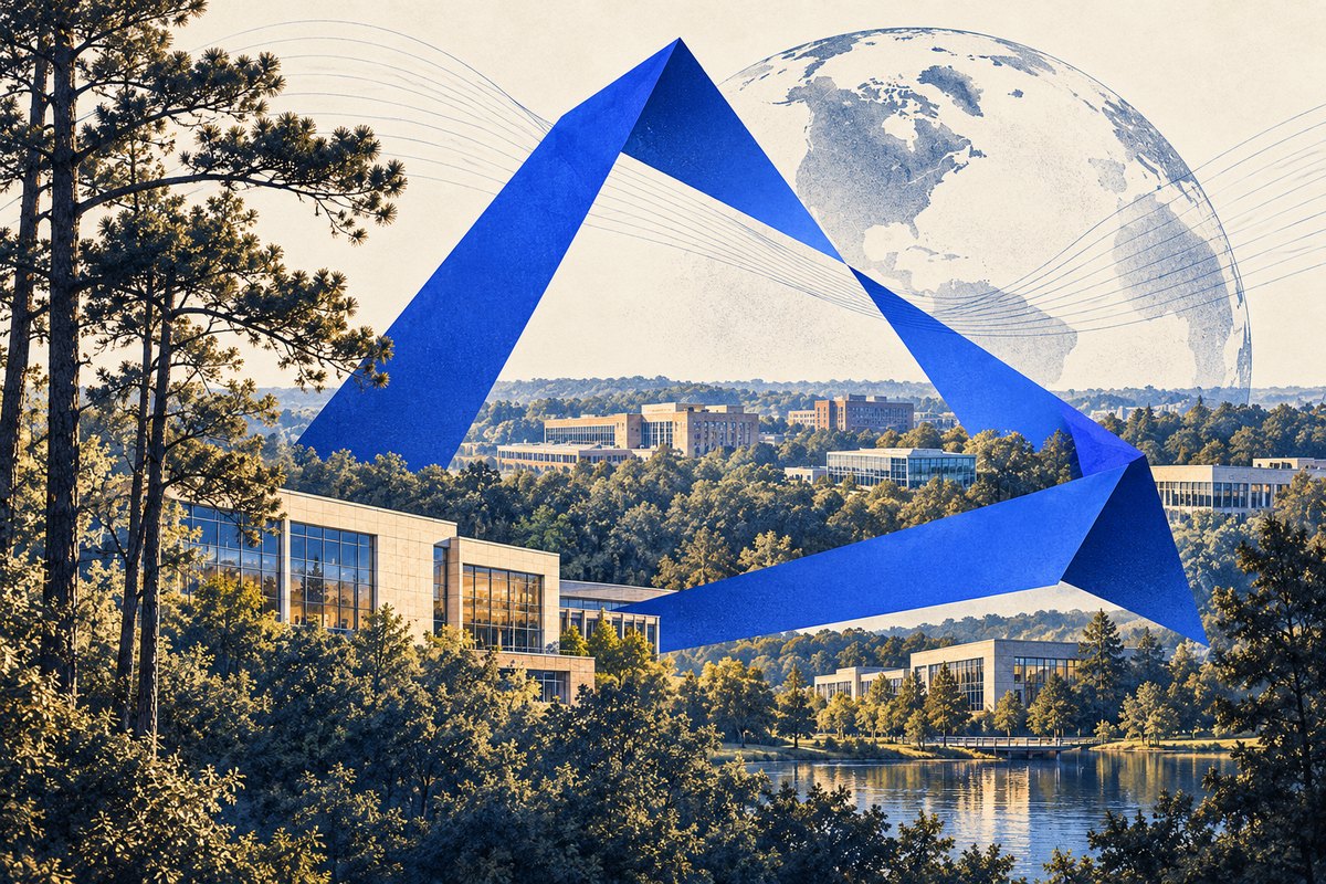 Editorial collage of a tree-lined research campus and a cobalt triangular ribbon, representing North Carolina’s Research Triangle.