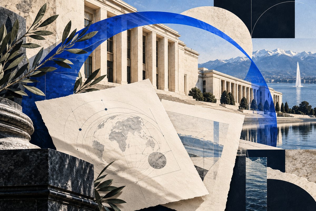 Editorial illustration of the Palais des Nations in Geneva with archival papers and a cobalt protective arc.